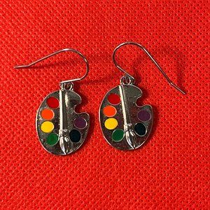 Artist with Paint Palette Paint Brush Silver Tone Earrings